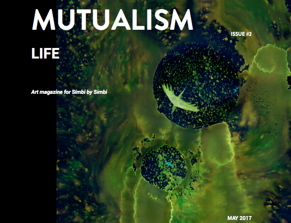 Cover of a magazine for Mutualism magazine on the simbi platform. Abstract artwork on the front. Might look like a small dragon flying around green clouds. 